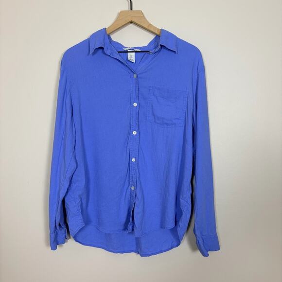 H&M Linen Blend Button Down Shirt Size M Blue Coastal Basic - Picture 2 of 7